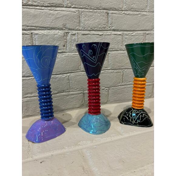 Set of Three Marilee Hall Ceramic Pottery Whimsical Modern Goblet Vase Folk Art - Picture 2 of 10